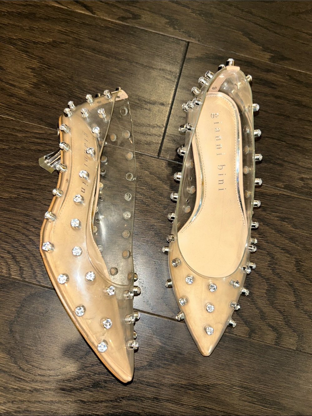 Gianni Bini Nude and Clear Pointed Flats with Crystal Studs